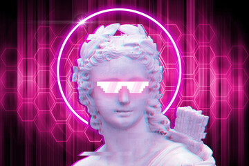 Digital art concept. Vintage bust of a person wearing trendy glasses in a holographic style