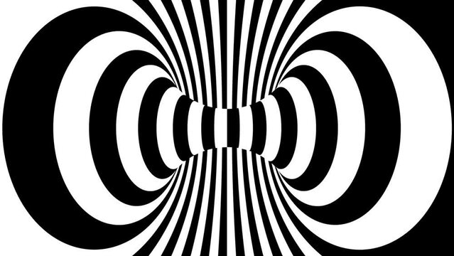 Abstract hypnotic black and white 3d geometrical stripes optical illusion tunnel. 4k Evolving op art motion graphics looping background