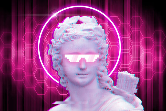 Digital Art Concept. Vintage Bust Of A Person Wearing Trendy Glasses In A Holographic Style