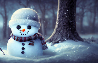 Cute cartoon snowman character in fantasy forest