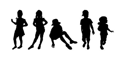 Children silhouettes vector set. Black outline of kids, boys, girls