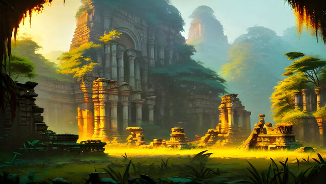 ancient temple ruins in the jungle - painted illustration - concept art - background