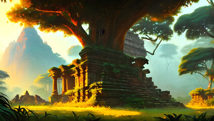 ancient temple ruins in the tropical forest - painted illustration - concept art - background - fantasy art