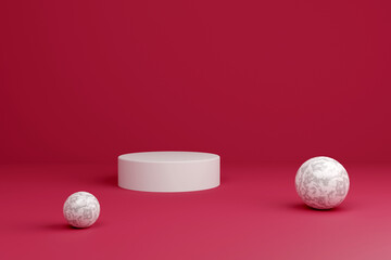 Column podiums in bright red color. Mock up scene to show products. Showcase, shopfront, display case. 3d render.