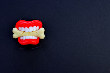 White plastic teeth holding the bone against a black paper background. A minimal creative food...