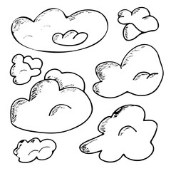 A hand-drawn contour collection of clouds. Isolated vector elements. Stylized clouds in the doodle style. Contour drawing for stickers, decor, postcards, badges, colorings, logos.