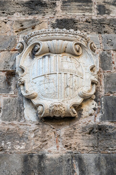 Carved heraldic shield detail from the Royal Palace of La Almudaina, Mallorca, Spain