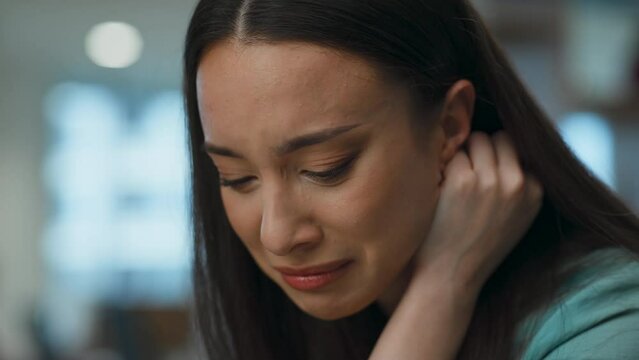 Depressed director suffering alone at coworking. Businesswoman getting fired