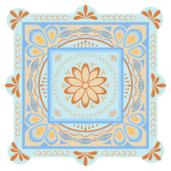 Flower mandala, square form. Blue and yellow colors. Vector illustration