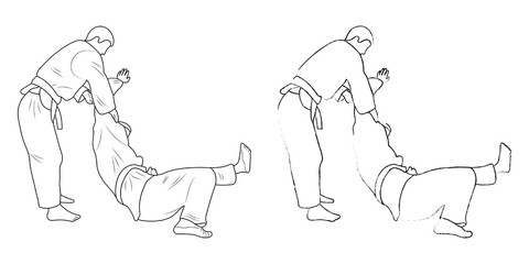 Sketch judoist, judoka athlete duel, fight, judo, pack of sport figure silhouette outline