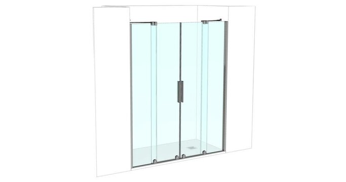 Double sliding automatic glass doors in the interior. Entrance or exit to the gazebo, room, veranda. Realistic 3D animation of a glass door opening system with frameless glazing in alpha matte finish.
