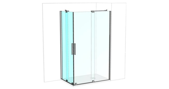 Double sliding automatic glass doors in the interior. Entrance or exit to the gazebo, room, veranda. Realistic 3D animation of a glass door opening system with frameless glazing in alpha matte finish.