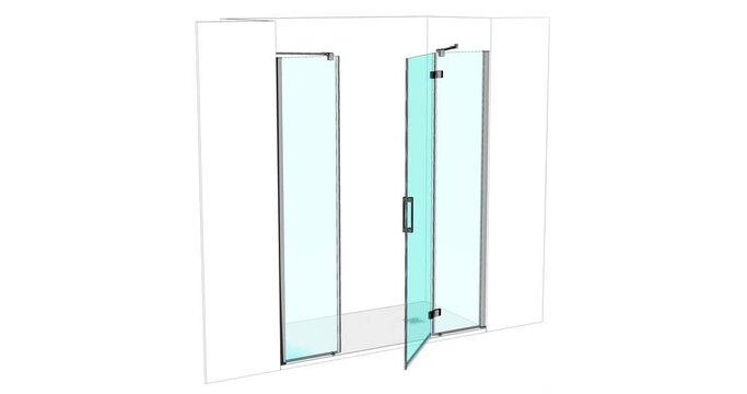 Double sliding automatic glass doors in the interior. Entrance or exit to the gazebo, room, veranda. Realistic 3D animation of a glass door opening system with frameless glazing in alpha matte finish.