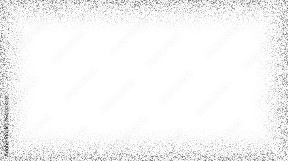 Poster Grain wave textured background. Black stipple dots wavy frame. Curve noise dot work gradient. Abstract grunge banner. Stochastic wallpaper