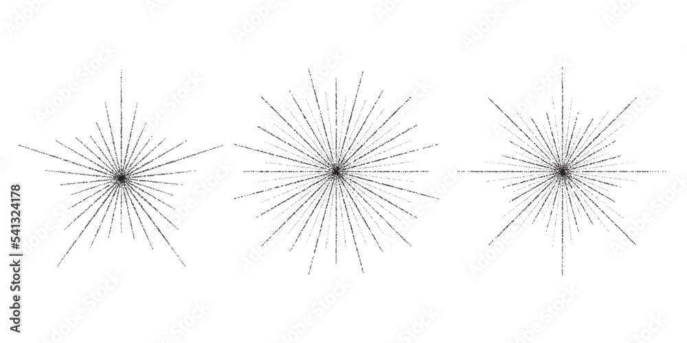 Poster Dotted grain star with beams set. Black stippled ray sparkle and flare collection. Various noise textured asterisks. Different halftone dot work stellar forms and burst explosion. Vector sparks. 