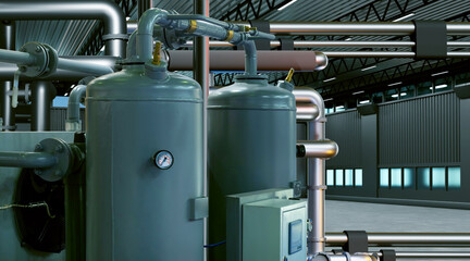 Gas heat station. Gas equipment inside industrial building. Gas processing stations with pipes. Equipment for supplying plant with propane. Equipment for gasification production. 3d image.
