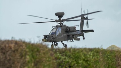 close-up front quarter view of ZM707 British army Boeing Apache Attack helicopter (AH-64E...