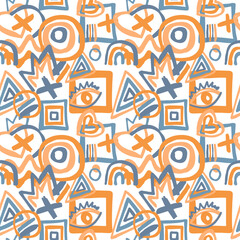 Drawn abstract pattern. Geometric seamless vector pattern. Abstraction on a white background. Blue. Orange. Street art. Heart.Triangle. Eye.
