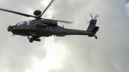 close-up of ZM707 British army Boeing Apache Attack helicopter (AH-64E ArmyAir606) flying overhead  © Martin
