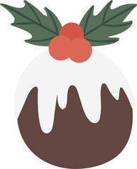 Chocolate Christmas sweet cake with frosting and berries decoration, png illustration in flat cartoon style. Isolated on transparent background