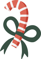 Fototapeta premium Red striped Christmas peppermint candy cane sweet, png illustration in flat cartoon style. Isolated on transparent background