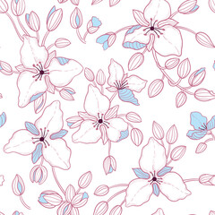 Flowers seamless pattern. Vector line drawing or engraving illustration. Textile composition, hand drawn style print.