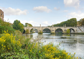 Fototapeta na wymiar A view of the Saint Angelo bridge during the fall spanning the Tiber river in Rome Italy.