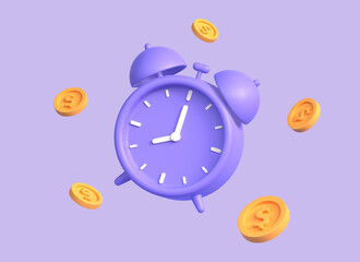 3d alarm clock and gold coins in a realistic style. money investment concept, loans, income and financial savings, fast money. 3d rendering - obrazy, fototapety, plakaty
