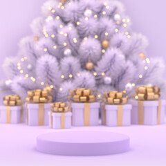 Obraz na płótnie Canvas Abstract Christmas background with empty podium and gifts near the fir tree. Template for advertising. 3d illustration.