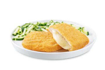 Cordon blue with cheese and cucumber salad on a white isolated background