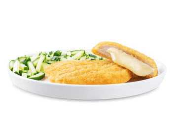 Cordon blue with cheese and cucumber salad on a white isolated background