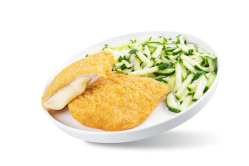 Cordon blue with cheese and cucumber salad on a white isolated background