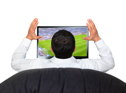 Gesture series, football fan watches a football game on TV and raises his hands.