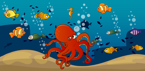 Seamless underwater landscape in cartoon style. Vector illustration