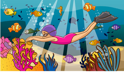 Cute little girl diver cartoon vector illustration