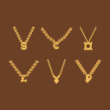 Pixel art golden chain accessories set. Dollar, euro, pound, ruble, yen, universal currency symbol amulets. Isolated thug life rap money icon set