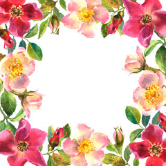 Rosehip Frame. Flowers, leaves and fruits of wild roses. Briar, watercolor painting for decoration.