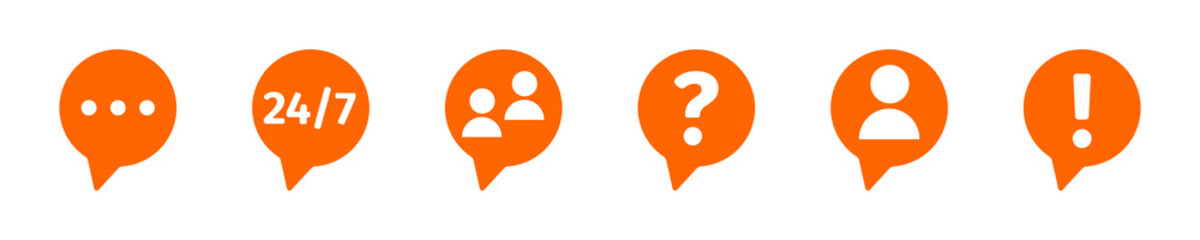 Speech bubbles with customers support online service icons. Set of help center symbols isolated on white background. Client communication pictograms. Vector flat illustration