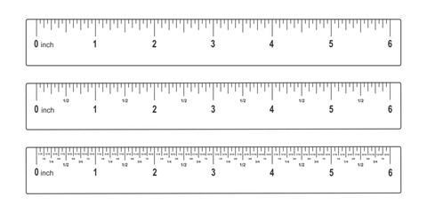 Set of 6 inches rulers with markup, numbers and fractions. Math or geometric tools for distance, height or length measuring isolated on white background. Vector graphic illustration