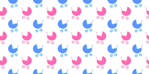 Baby prams seamless pattern. Pink and blue stroller background for scrapbooking or wrapping paper, bedcloth fabric design. Vector flat illustration.