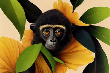 Nahaufnahmeporträt des Gibbon-Affen in den tropischen Blumen und in den Blättern. Malerisches Porträt Tier der wild lebenden Tiere. Digitale Illustration