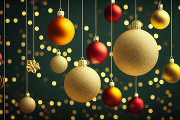 X-mas new year decoration.Red, gold, yellow Christmas balls on contrasting bg