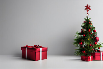 X-mas new year decoration. Christmas tree with red nativity presents underneath, on a light bg