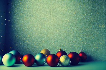 X-mas new year decoration. Red, gold, blue floating on the floor, Christmas balls on tree light bg