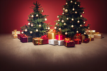 Fototapeta na wymiar X-mas new year decoration. Christmas tree with lots of christmas presents under it