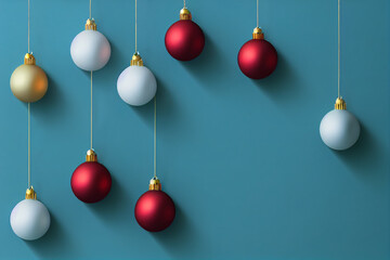 X-mas new year decoration. Hanging Red, white, yellow Christmas balls on Christmas tree on blue bg