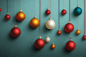 X-mas new year decoration. Hanging Red, White, Yellow, Blue Christmas Balls on Blue bg