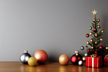 X-mas new year decoration. Christmas tree lots presents lying on the floor with red, white balls