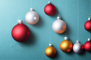 Christmas background, hanging balls of red, white, yellow near, New Year's holiday