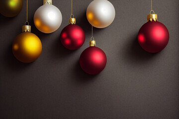 Red, white, yellow Christmas balls lying around, decorations. New Year's holiday holiday,